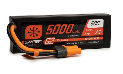 Spektrum 7.4V 5000mAh 2S 50C Smart G2 Hardcase LiPo Battery: IC5 SPMX52S50H5